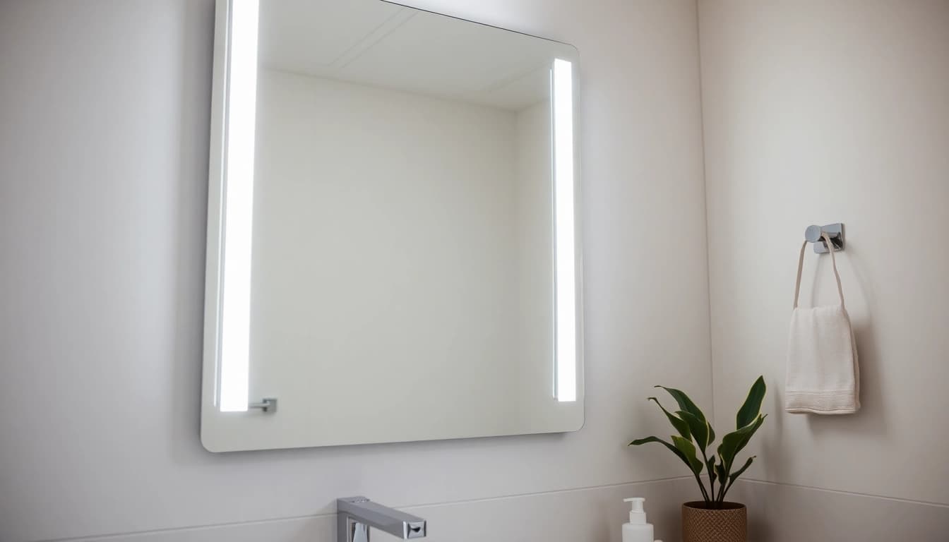 A beautifully designed mirror and led lights illuminating a modern bathroom space.