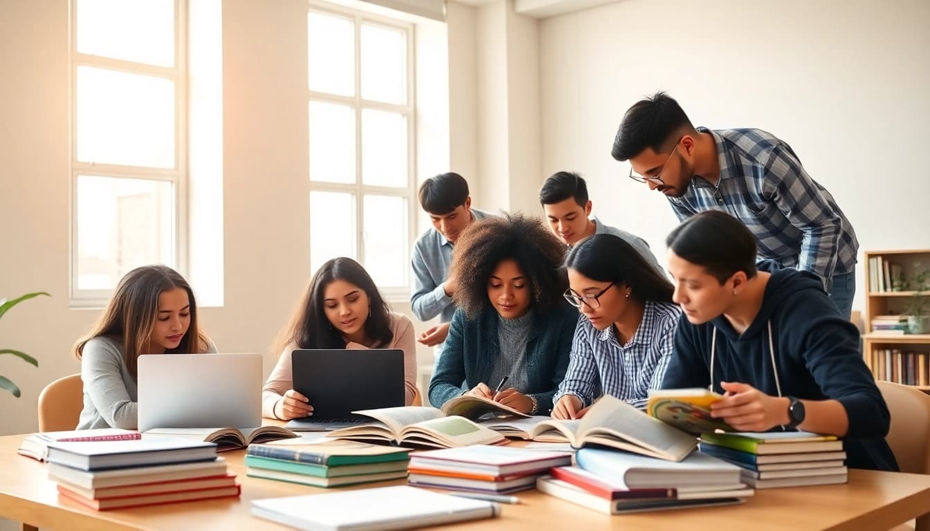 Collaborative students seeking exam help in a bright study environment.