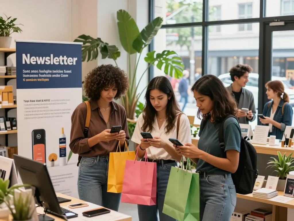 Engage with the newsletter at https://hubet88.icu/ while friends discover exclusive offers in a vibrant retail space.