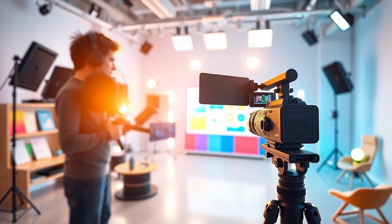 Creating engaging Training videos in a modern studio with professional gear and vibrant materials.