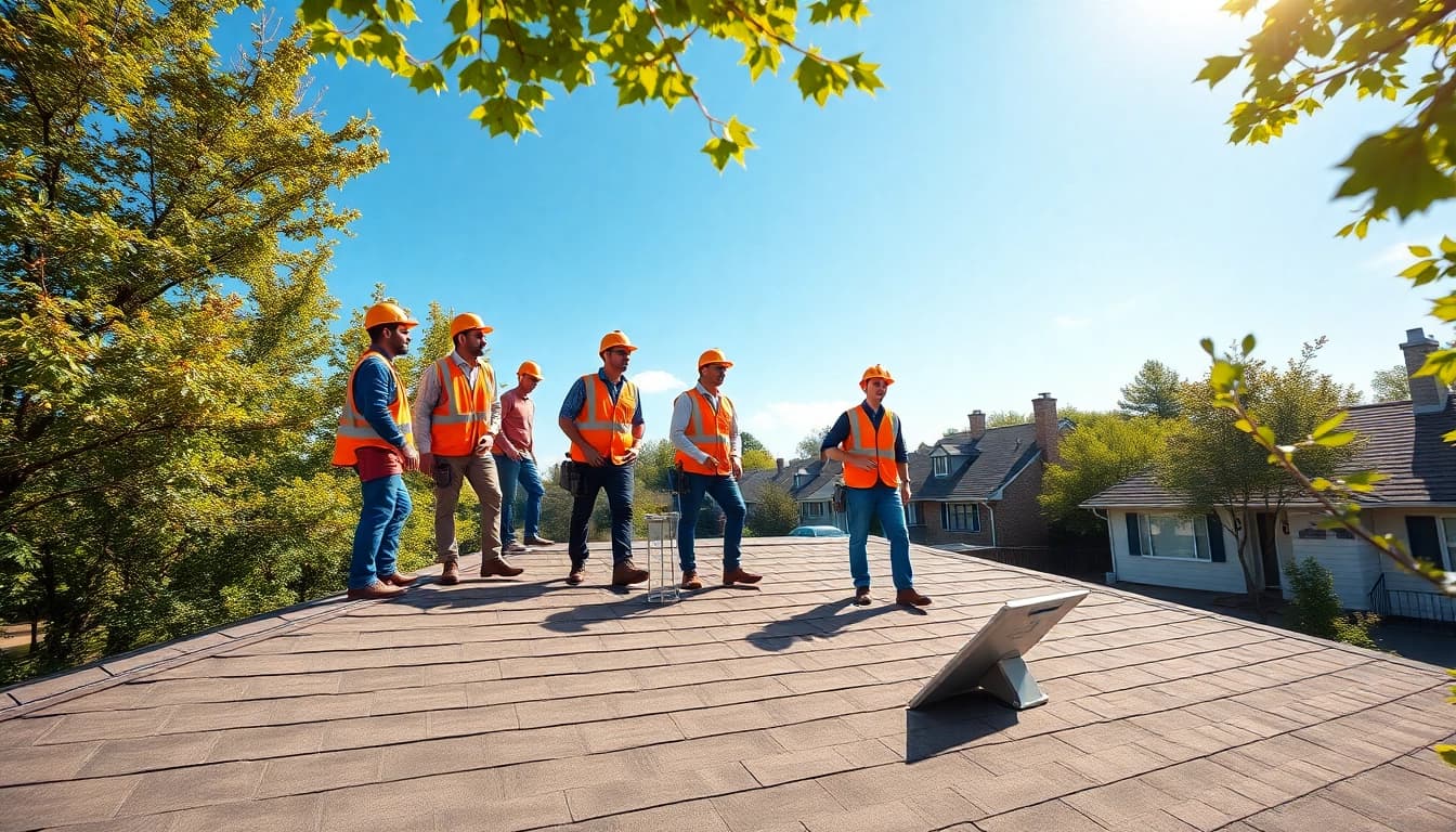 Roofing company team inspecting a residential rooftop for quality assurance.