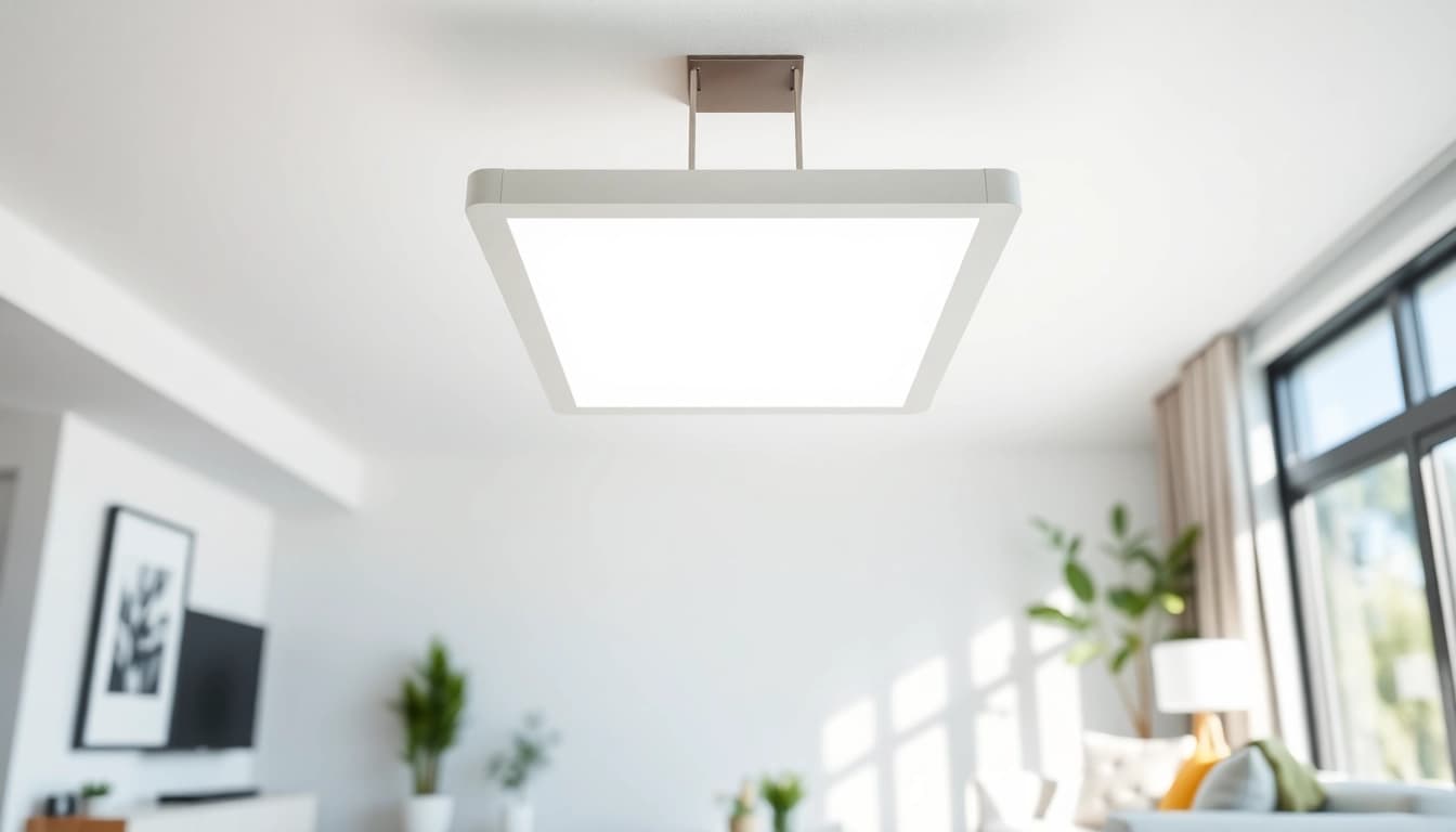 Stylish square light fixture illuminating a modern living room in natural light.
