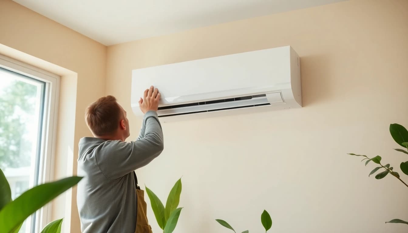 Technician installing a mini split ac in a modern home setting with natural light and indoor plants.