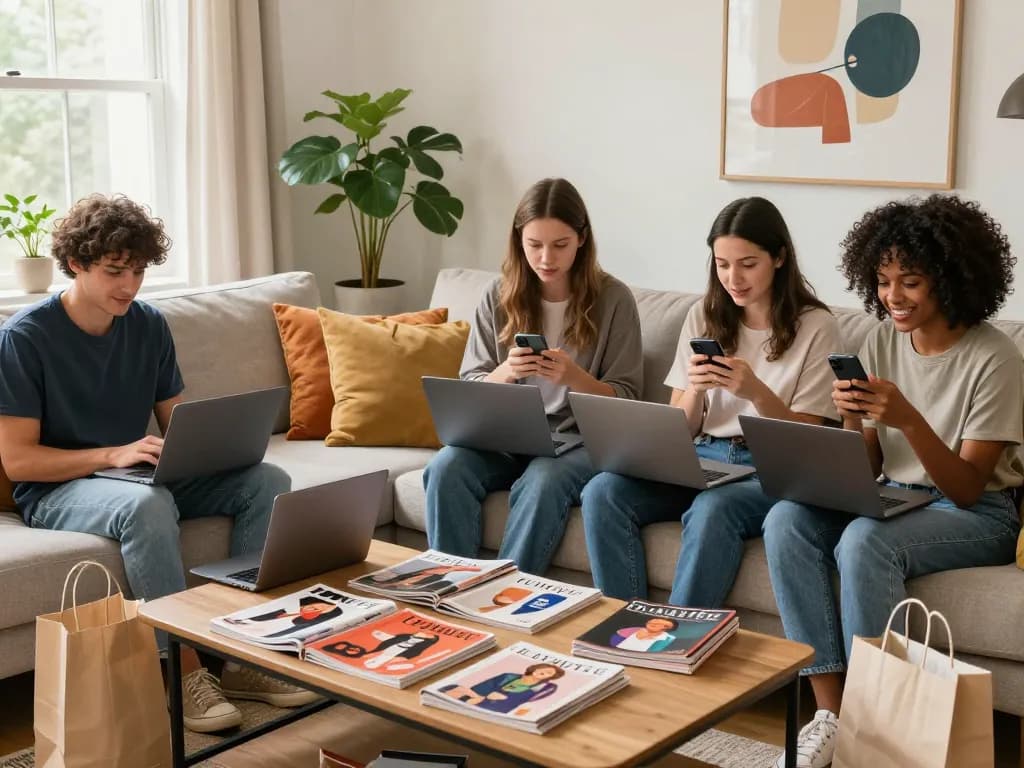 Friends enjoying shopping together through https://hubet88.icu/ in a cozy living room with stylish decor.