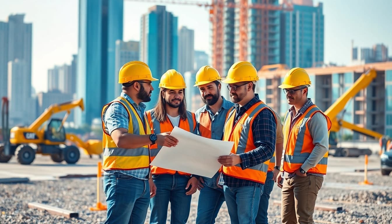 Workers discussing plans for a construction career on an active site surrounded by equipment.