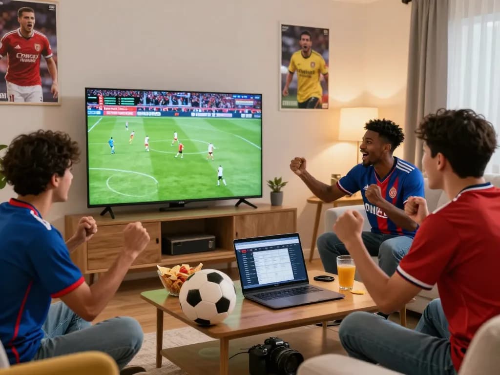 Excited fan watching LuongSon TV football match in a lively living room with friends.