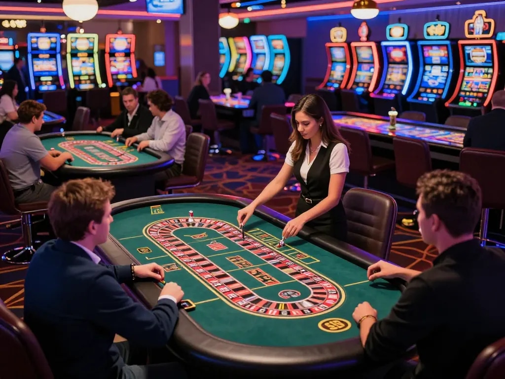 Players at roulette tables enjoying exciting j88 gaming experience in a vibrant casino environment