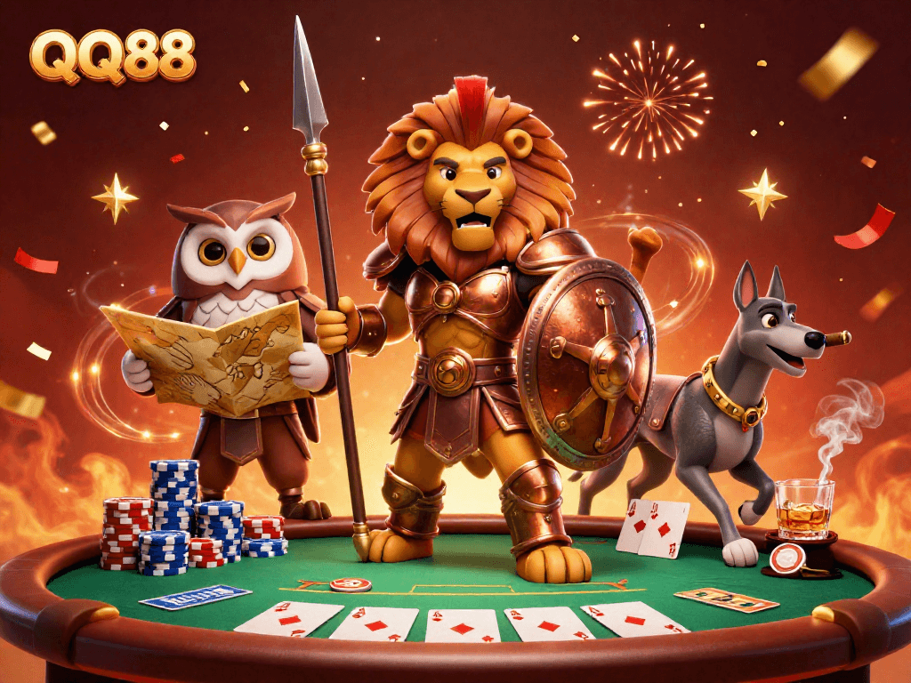 Engage in thrilling poker at QQ88 with a Spartan lion, owl strategist, and swift greyhound amidst celebration.