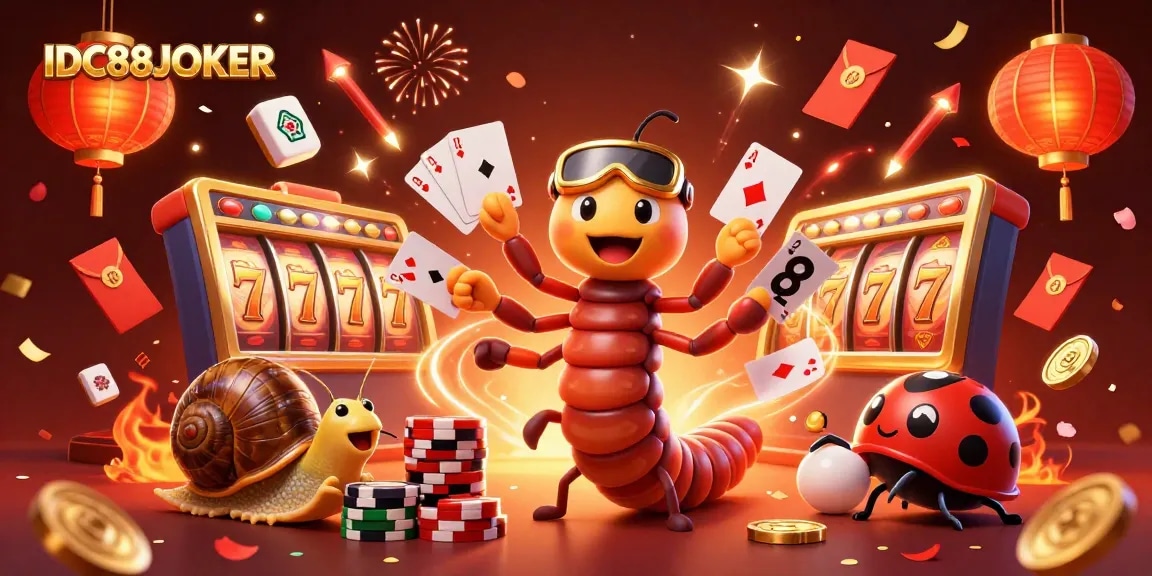 Engaging 3D illustration showcasing IDC88JOKER's vibrant casino scene with playful characters and slot game elements.
