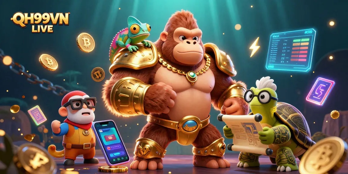 Experience the thrill of QH99VN LIVE with vibrant characters and casino elements in a dynamic scene.