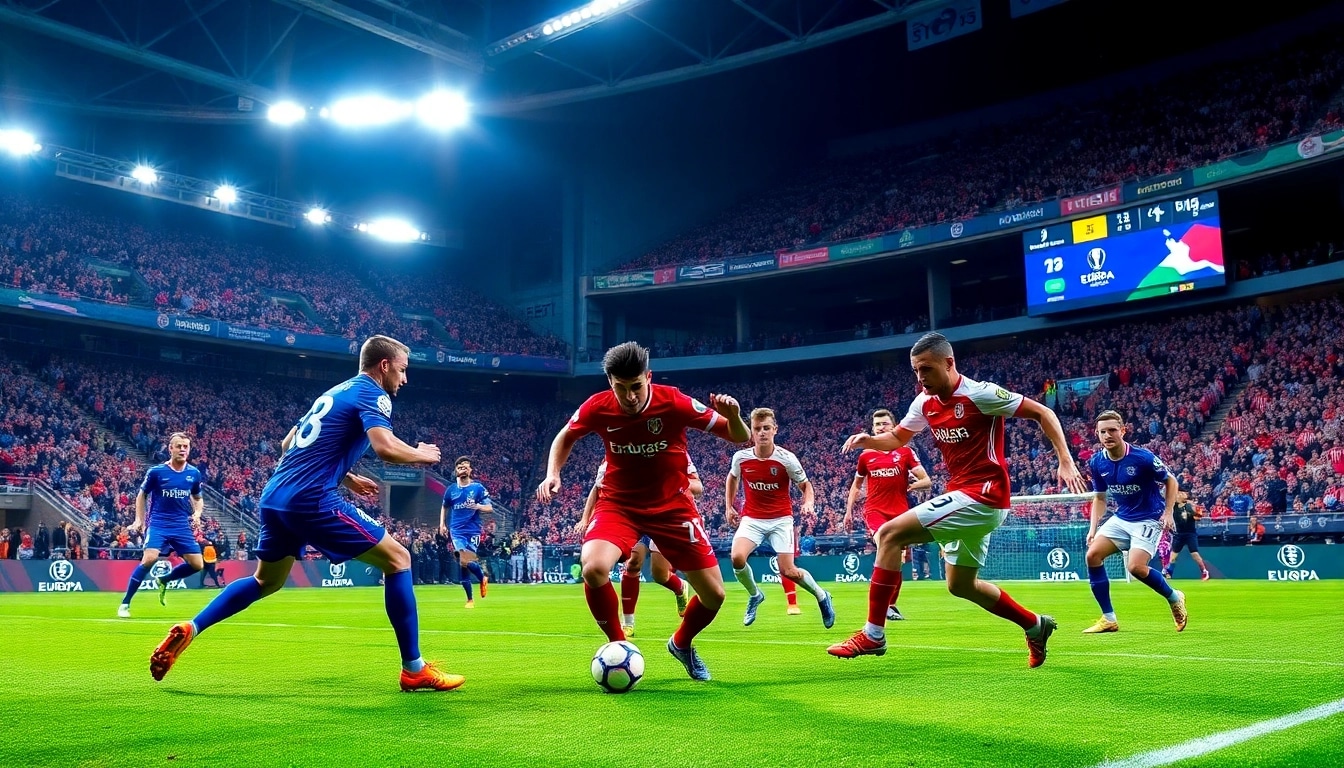 Lịch thi đấu bóng đá Europa League 2025/2026 mới nhất showcased in a high-energy soccer match.
