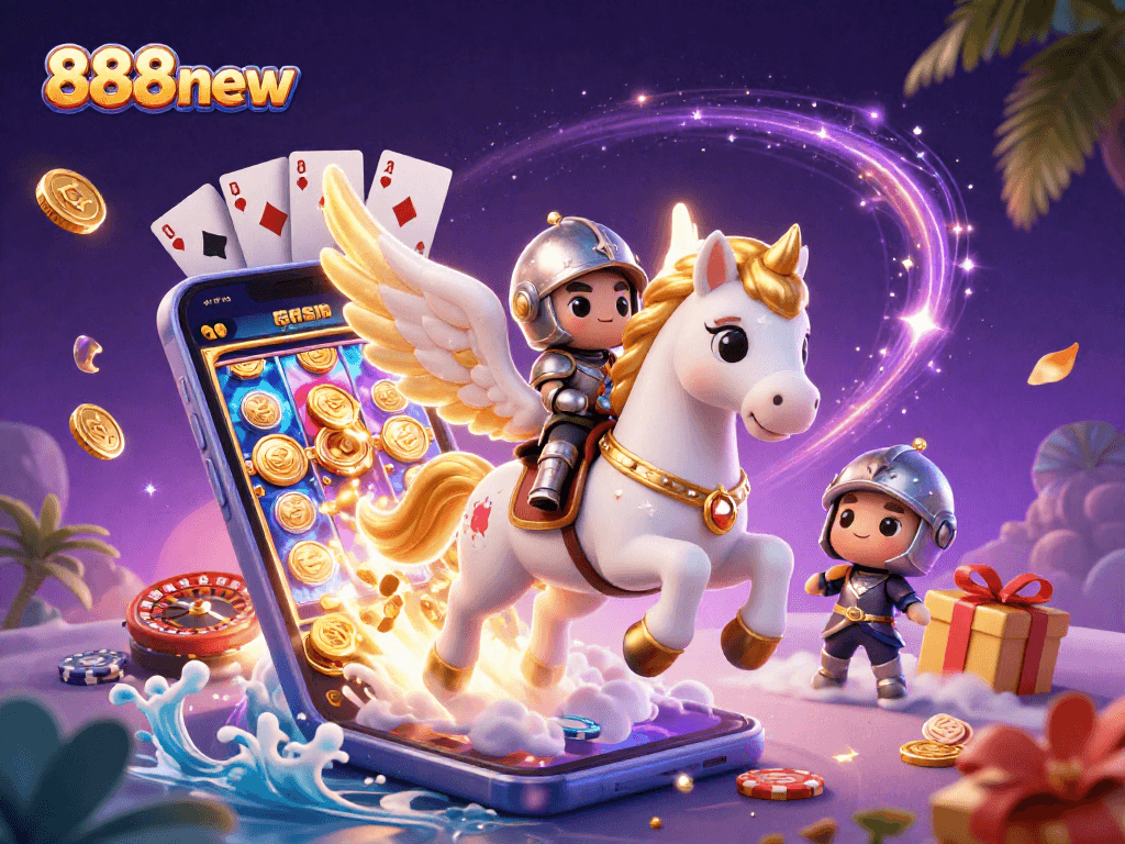 Experience thrilling gameplay with 888new's captivating cartoon illustration featuring a celestial horse and dramatic casino elements.