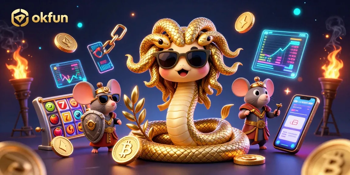 Spin the reels with okfun's energetic casino scene featuring Medusa and coins