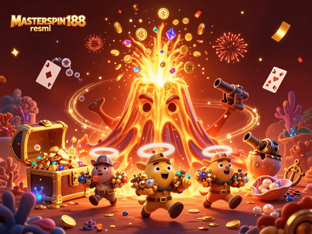 Engaging illustration of MASTERSPIN188 resmi showcasing a victorious volcano erupting coins and animals amid casino elements.
