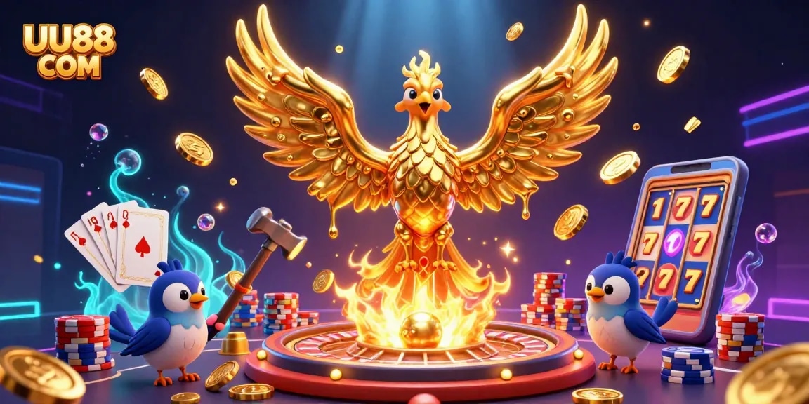 Experience the thrill of UU88 COM's casino magic with molten gold phoenix, coins, and dynamic gaming elements.