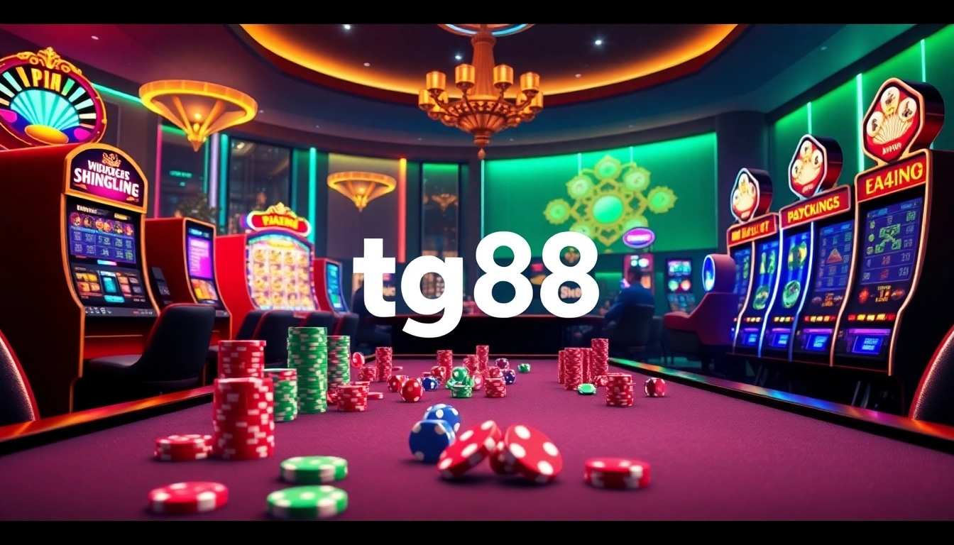 Tg88 casino experience with vibrant gaming tables and colorful gambling elements.