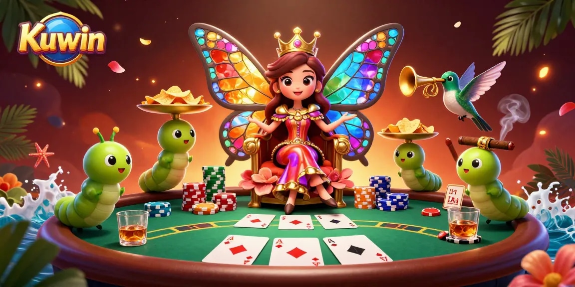 Kuwin offers a vibrant casino experience with rich gaming elements, showcasing a colorful butterfly queen and poker chips.