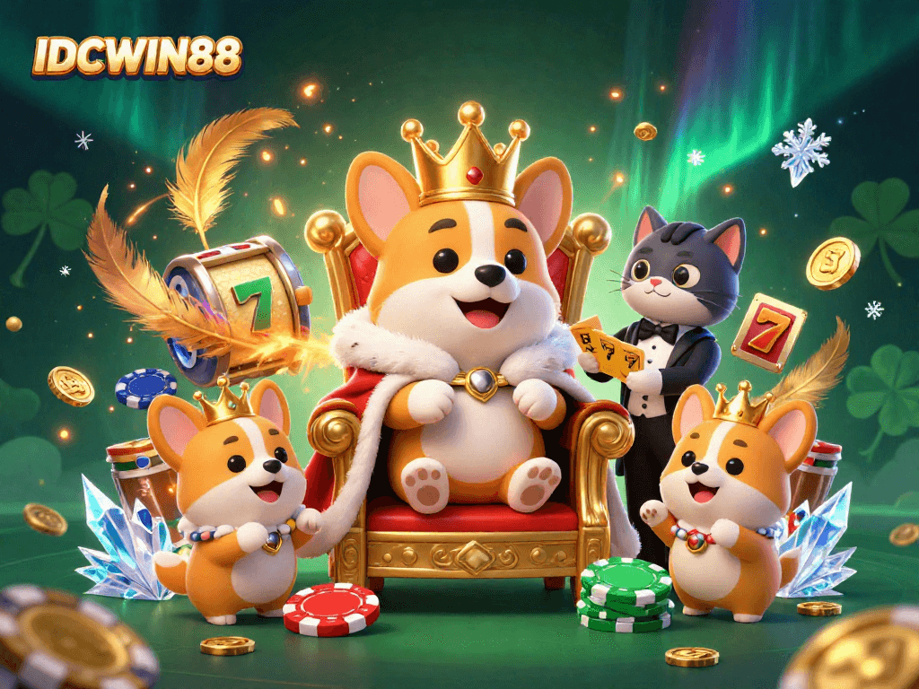 Play vibrant slot games at IDCWIN88 with animated characters enjoying thrilling casino experiences and golden tokens