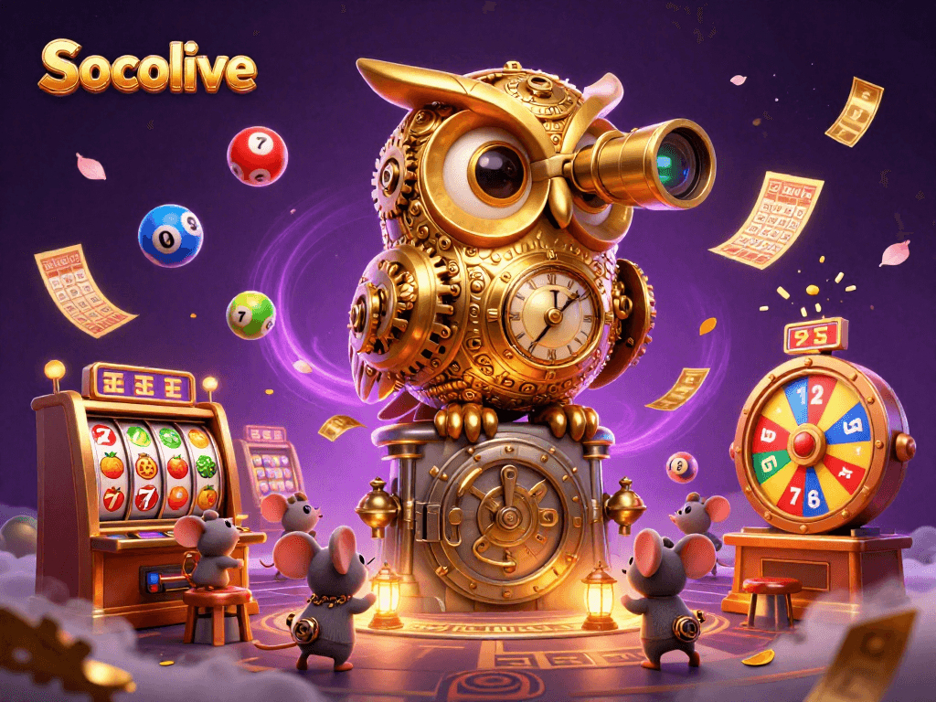 See Socolive's vibrant golden owl character scanning a bustling casino filled with colorful lottery balls and slot machines.