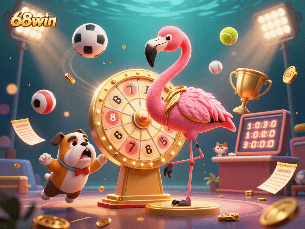 Engage with 68win as a flamingo host spins a prize wheel in an exciting casino scene.