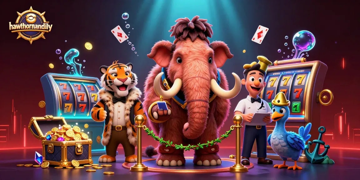 Play slot games with hawthornandlily characters winning big at a lively casino scene.