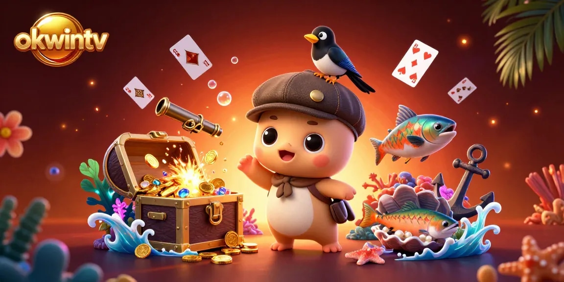 Experience the excitement of okwintv with a vibrant 3D illustration showcasing dynamic gambling elements and lively characters.