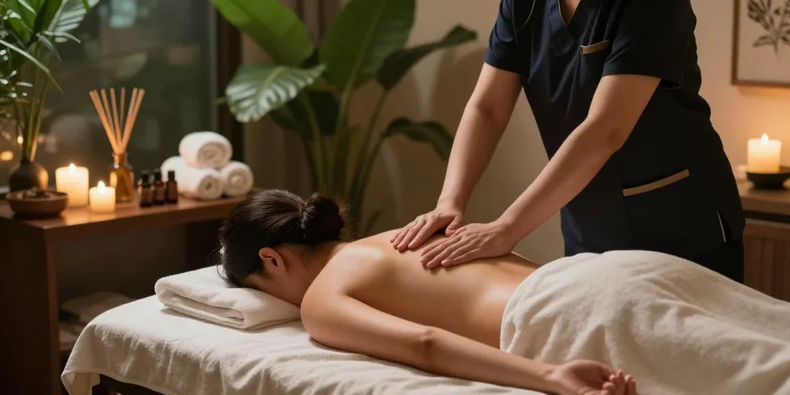 A tranquil spa massage session showcasing 구리출장마사지 with soothing elements and warm atmosphere.