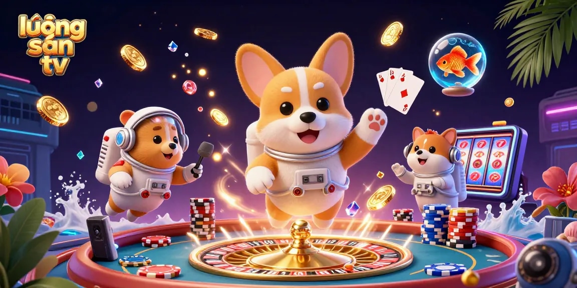 Engage with lương sơn tv in a vibrant, zero-gravity casino experience filled with floating poker chips and coins.