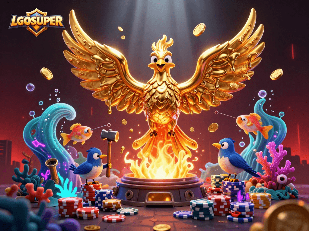 Engage in thrilling fish shooting gameplay with LGOSUPER, featuring vibrant underwater elements and golden prize coins.