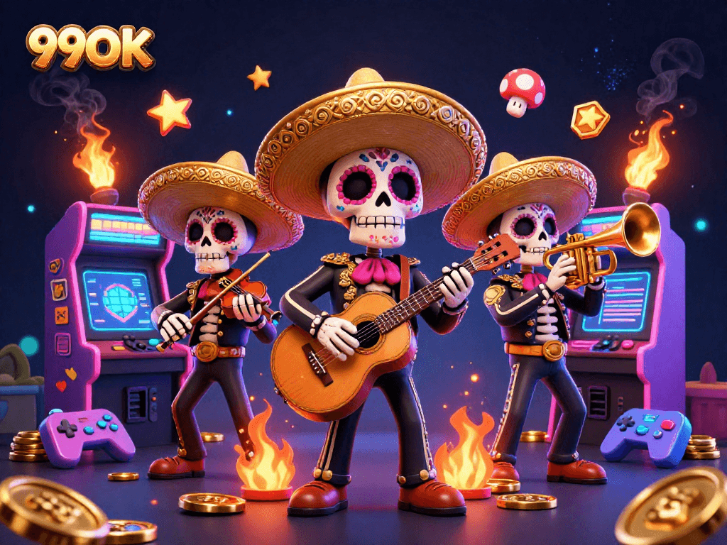 Engage with 99OK's vibrant gaming experience featuring mariachi skeletons amidst arcade excitement.