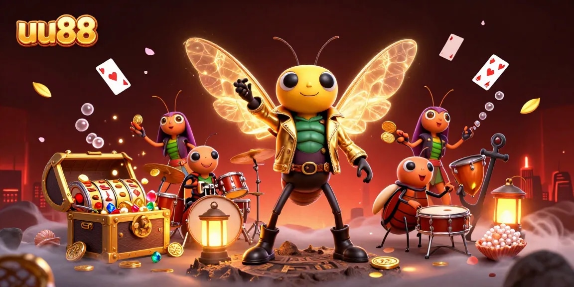 Experience thrilling gaming at uu88 with a vibrant scene featuring a cicada rock star, slot elements, and dazzling visuals.