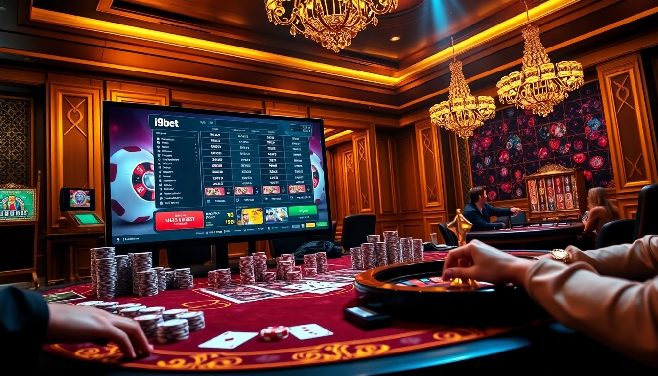 Exciting gameplay at i9bet with vibrant casino elements like poker chips and roulette.