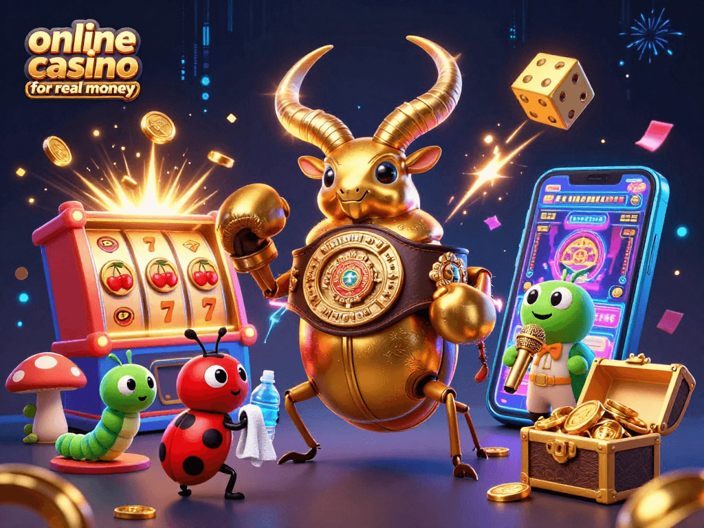 Engage in an exciting online casino for real money with vibrant characters and dynamic game elements.