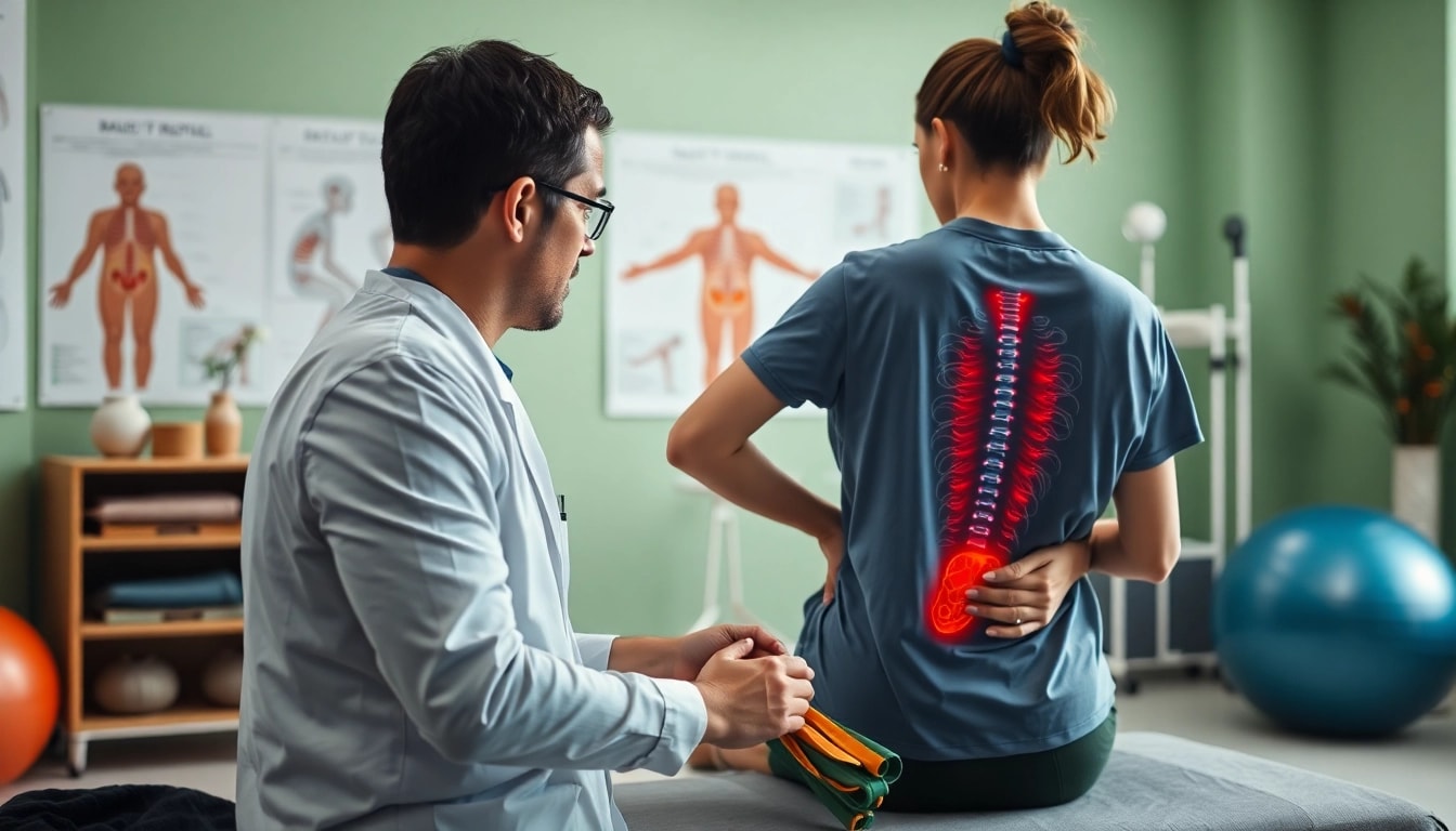 Therapist demonstrating techniques for back pain relief in a professional setting.