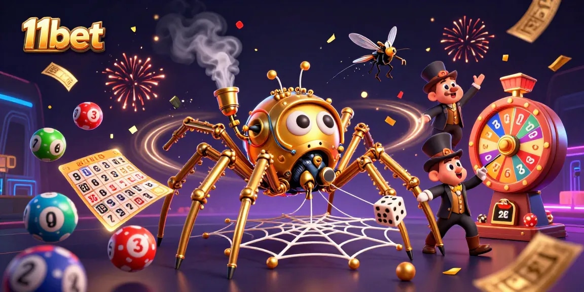 Experience exciting wins at 11bet with a vibrant 3D casino scene filled with games.