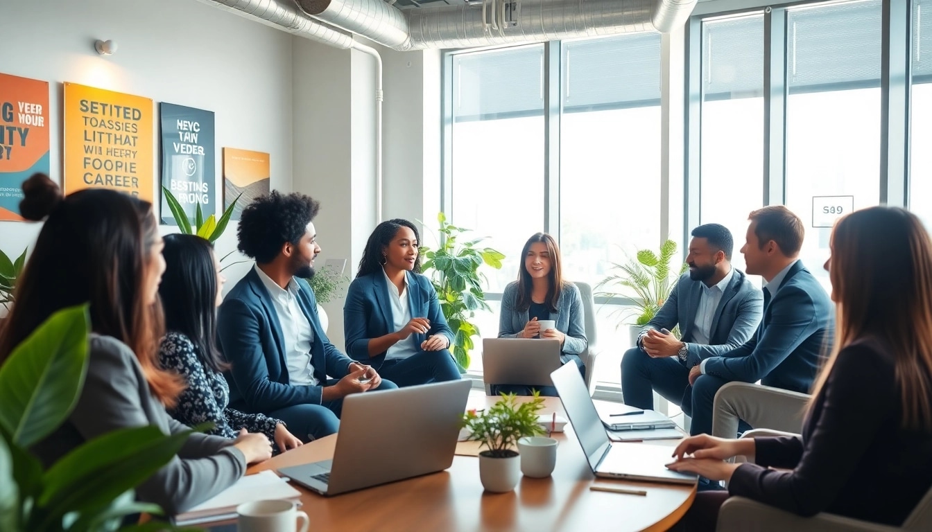 Engaging career coaching session with diverse participants in a modern office setting.