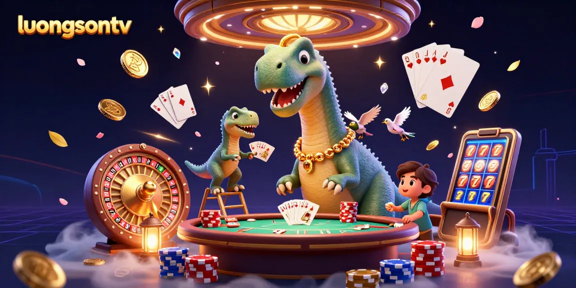 Experience thrilling moments with luongsontv at a vibrant casino scene with brontosaurus and cards.