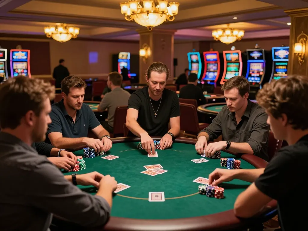 B52CLUB poker game showing players intensely strategizing over colorful chips and cards.