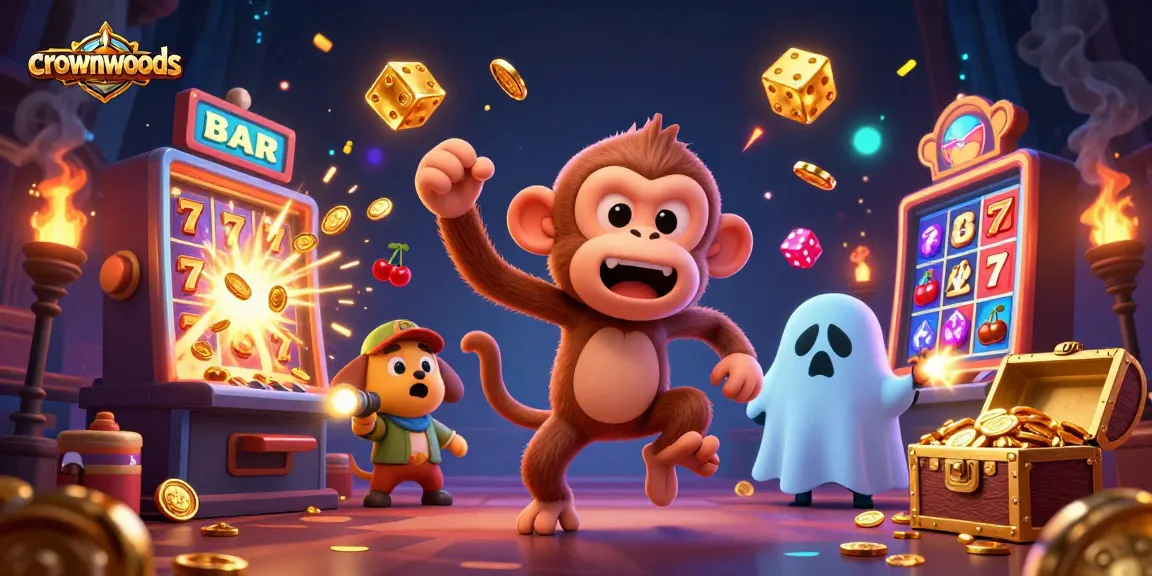 Exciting scene at a haunted casino featuring crownwoods' lively characters juggling coins and symbols.