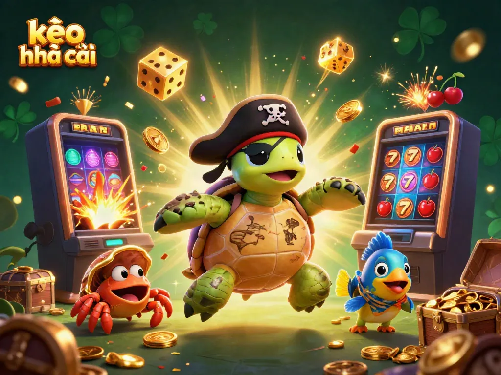 Engage with kèo nhà cái through an exciting 3D illustration of a pirate turtle and treasure, showcasing dynamic gaming elements.