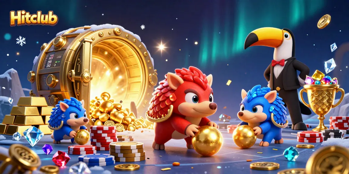 Engage in thrilling competition at Hitclub with cartoon pangolins rolling golden balls among poker chips.