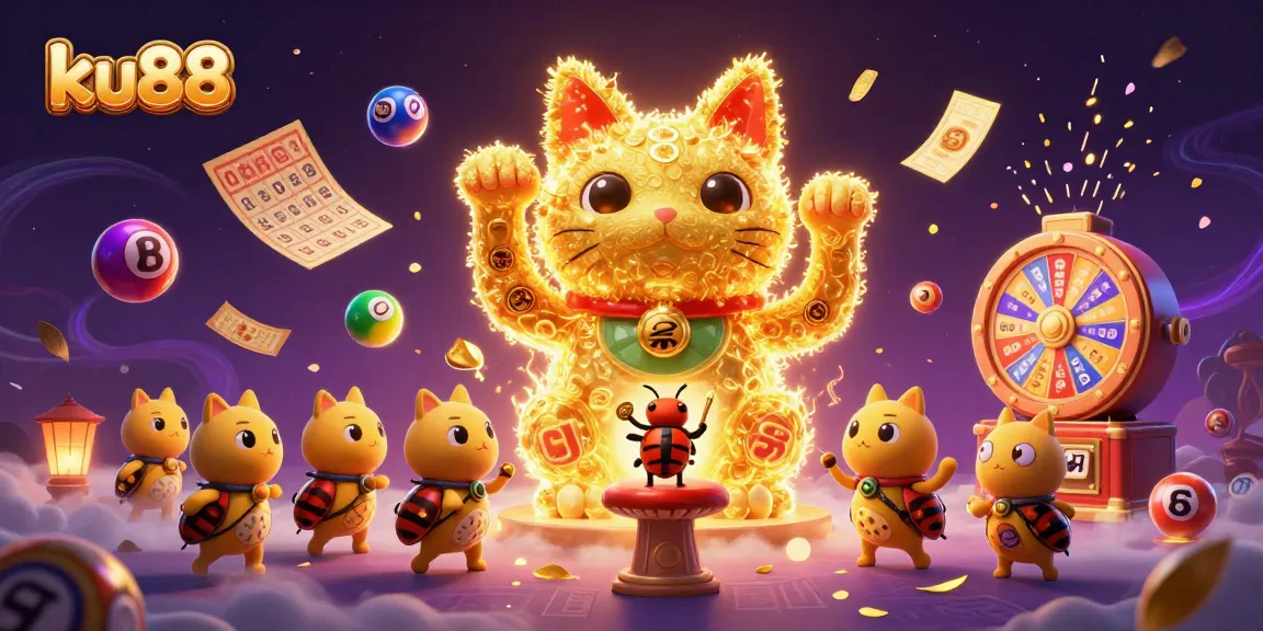 ku88 showcases a vibrant 3D casino scene filled with colorful lottery elements and a lucky cat symbolizing luck.