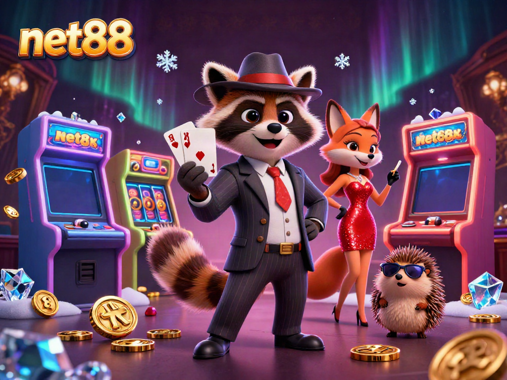 Watch the raccoon win at net88 with a royal flush in this vibrant and colorful casino scene.