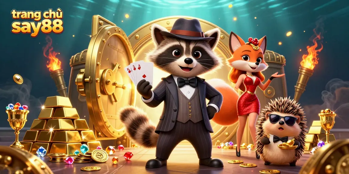 Experience thrill at trang chủ say88 with a suave raccoon and dazzling fox in a vibrant casino