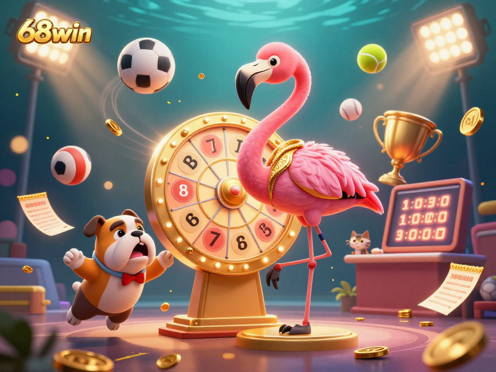 Engage with 68win as a flamingo host spins a prize wheel in an exciting casino scene.