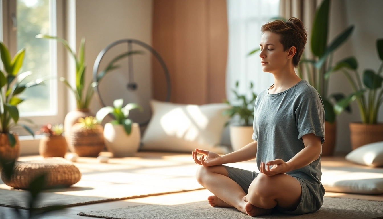 Alleviating stress and anxiety through meditation in a tranquil indoor setting.