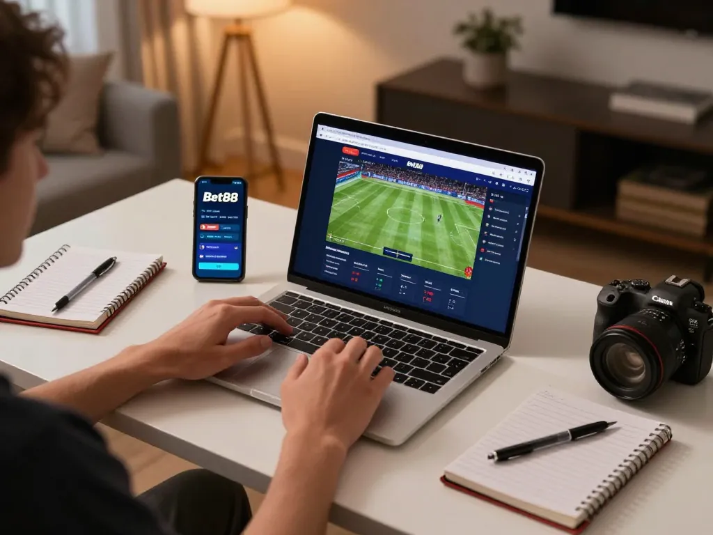 Engaging in betting on Bet88 link vào Bet88 không bị chặn with a modern home setup featuring laptop and smartphone.