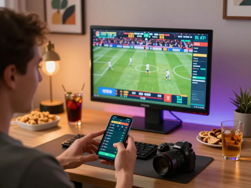 Engaging in sports betting on a smartphone showcasing 789 odds in a cozy home setting.