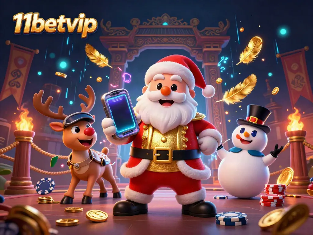 Join the fun at 11betvip with a animated Santa, reindeer, and snowman amidst festive casino excitement.