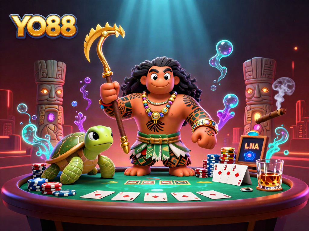 Experience the thrill of YO88 with poker tables, vibrant characters, and rich visuals in an illustrated casino scene.